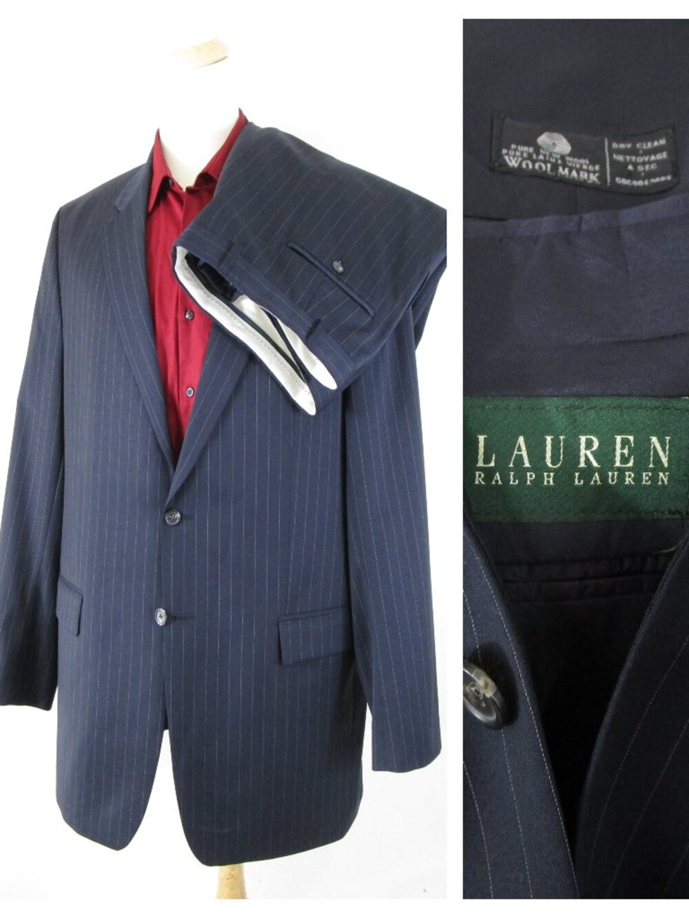 Lauren Ralph Lauren Mens Black Pinstripe Wool Suit Size 46L Pants 40 X 32